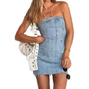 Women's Sexy Jeans Denim Strapless Dresses Bodycon Corset Tube Mini Dress